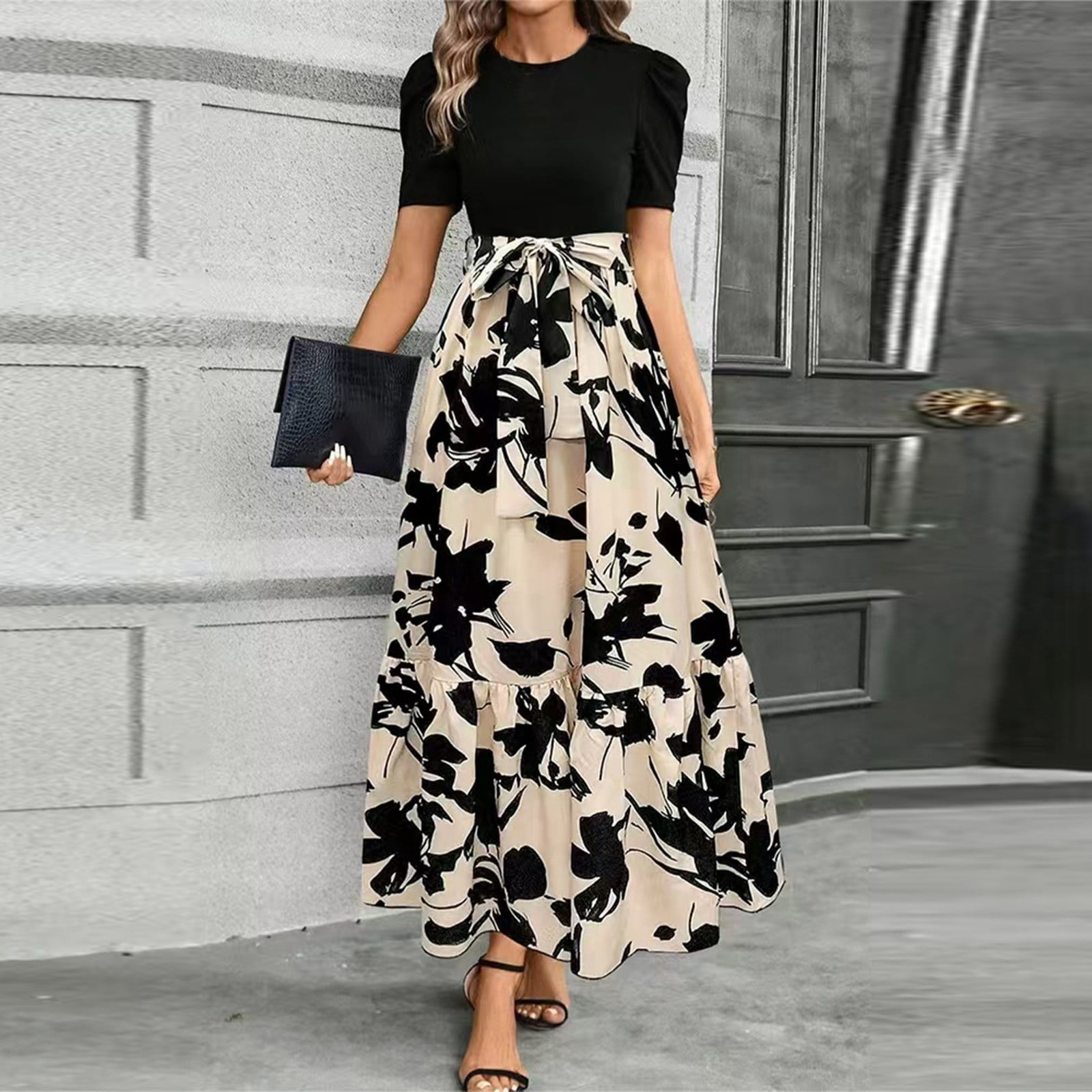 colorblock a line dress Women's Floral Fashion Print Color Block Maxi Puff Sleeve Belted Dresses Suit For Summer Wear 02-Beige XL Size:US 22Plus  / UK 26 / EU 52 Made of lightweight Feb26 Sabine Backless Maxi Dress