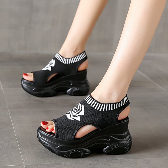Women's Floral Fashionable Platform Sandals, Casual Comfortable Wedge for Summer, Female All-match Round Toe Sandals for Daily Wear, Walking Shoes, Comfy Casual Shoes for Women Beach (Black,39)