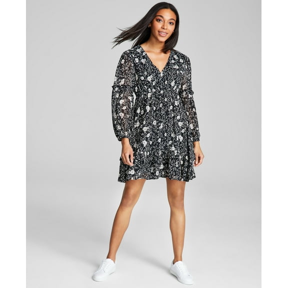 Women's Floral Fit & Flare Ruffle Dress Black Floral XS