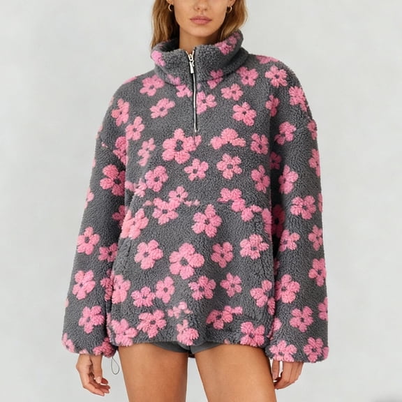 Women's Floral Pullover Half Zip Sweatshirt Sherpa Hoodie (Pink S)