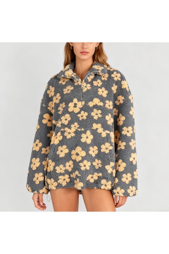 Women's Floral Pullover Half Zip Sweatshirt Sherpa Hoodie (Yellow L)