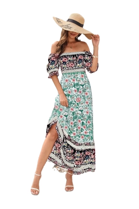Women's Floral Flounce Sleeve Midi Dress 100% Rayon Elegant Everyday Wear Ideal for Spring and Summer Events Occasions