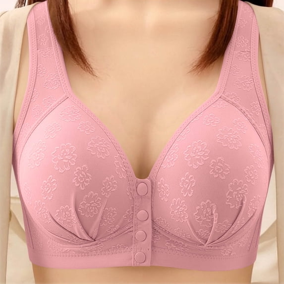 Women's Floral Front Button Bra, Wide Strap V-Neck Full Support Comfortable Soft Cup Wireless Brassiere S