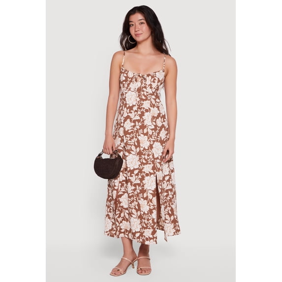 Women's Floral Front Slit Keyhole Detail Midi Dress