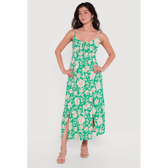 Women's Floral Front Slit Keyhole Detail Midi Dress