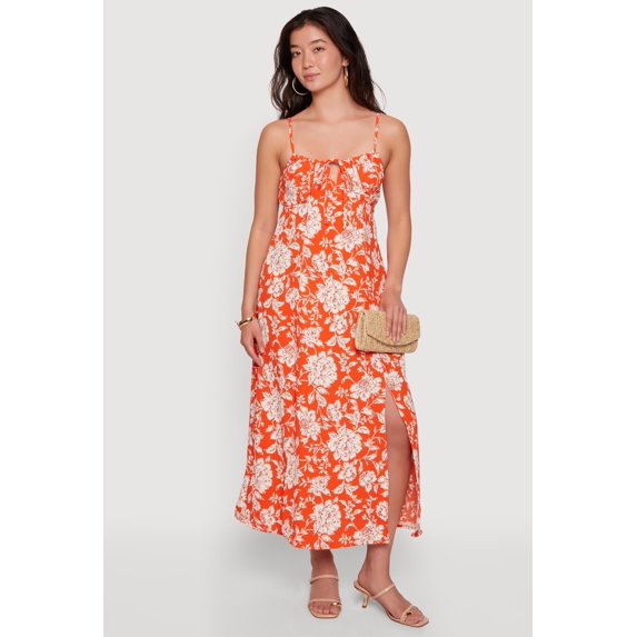 Women's Floral Front Slit Keyhole Detail Midi Dress
