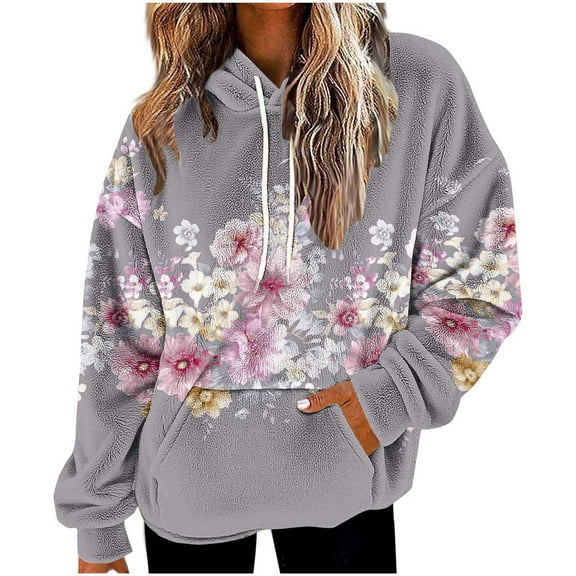 Women's Floral Fuzzy Hoodies Pullover Cozy Oversized Sweatshirt Warm Winter Loose Fleece Outerwear Tops with Pocket