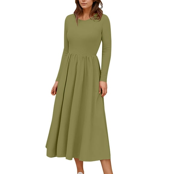Women's Floral Gradient Print Midi Boho Dress Casual Long Sleeve Flowy Smocked Dresses with Pocket, Perfect for Holiday and Everyday Wear, Bohemian Style,Army Green,Size M