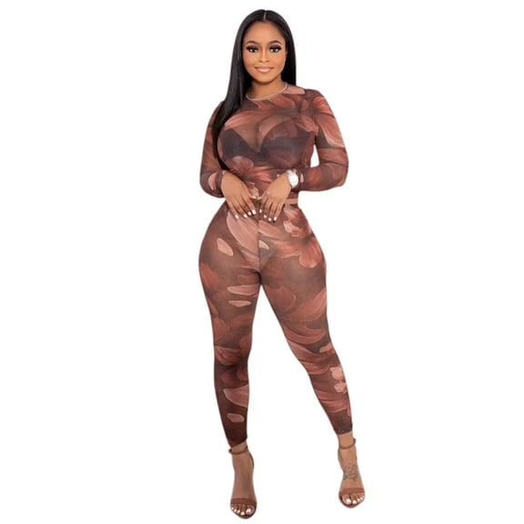 Women's Floral Gradient Print O-Neck Long Sleeve Short Tops & Hips Wrapped Long Pants, 2 Piece Set