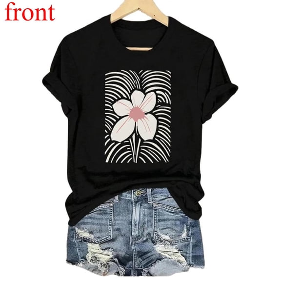 Women's Floral Graphic Comfortable T Shirt Casual Breathable Short Sleeve Round Neck Top Black S-5XL