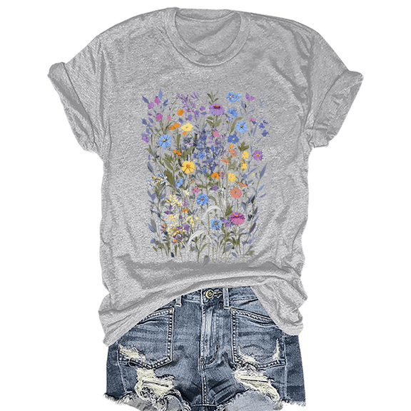 Women's Floral Graphic Loose Tees Boho Wildflower T-Shirt Short Sleeve Casual Tops