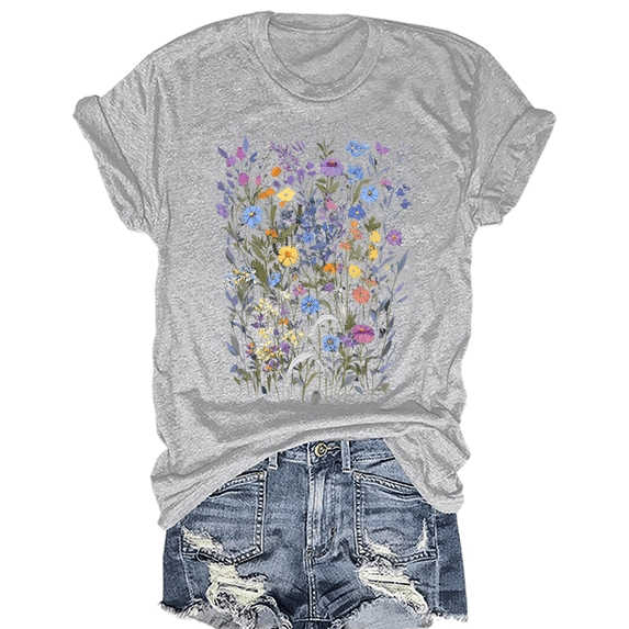 Women's Floral Graphic Loose Tees Boho Wildflower T-Shirt Short Sleeve Casual Tops