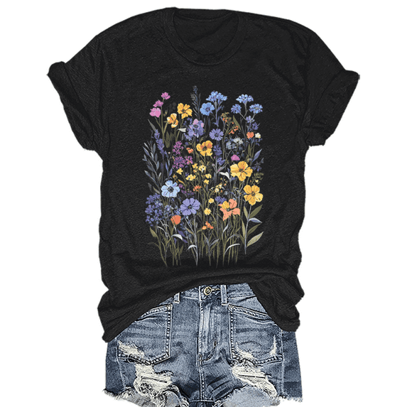Women's Floral Graphic Loose Tees Boho Wildflower T-Shirt Short Sleeve Casual Tops