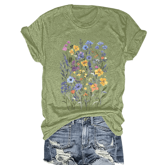 Women's Floral Graphic Loose Tees Boho Wildflower T-Shirt Short Sleeve Casual Tops