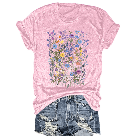 Women's Floral Graphic Loose Tees Boho Wildflower T-Shirt Short Sleeve Casual Tops