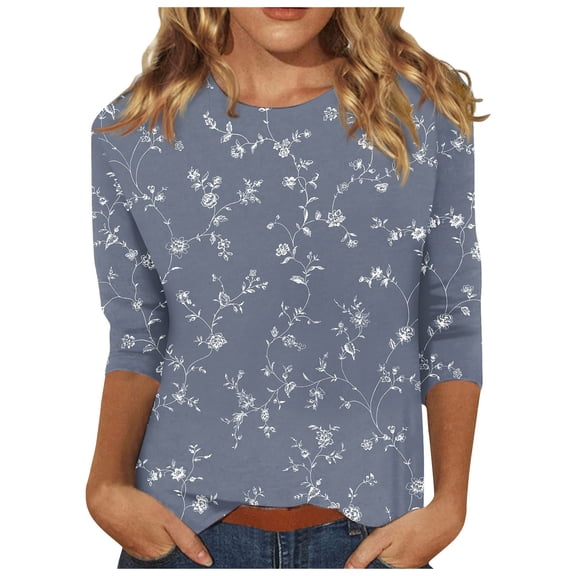 Women's Floral Graphic Print Blouses New 3/4 Sleeve Round Neck Casual Tees Tops，Plus Size Basic Tops Pullover