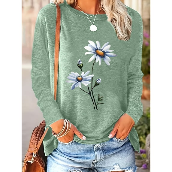 Women's Floral Graphic T Shirt Cute Flower Funny Long Sleeve Casual Cotton Tee Tops, XL