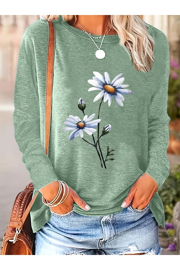 Women's Floral Graphic T Shirt Cute Flower Funny Long Sleeve Casual Cotton Tee Tops, XXL