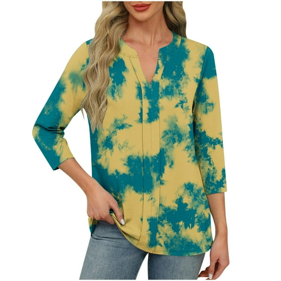 Women's Floral Graphic Tunic T Shirt Casual V Neck Loose Fit Tee Tops Dressy 3/4 Length Sleeve Blouse Summer Outfits