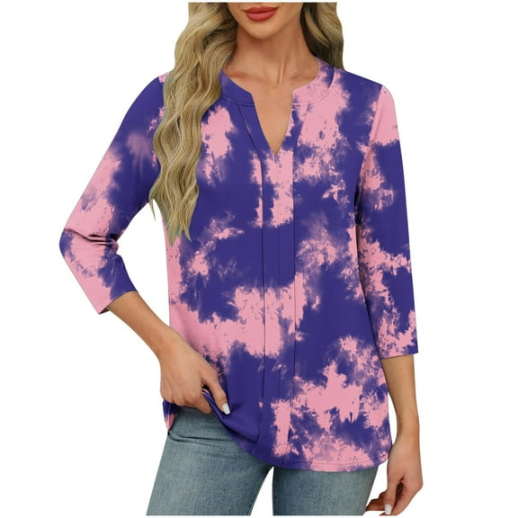 Women's Floral Graphic Tunic T Shirt Casual V Neck Loose Fit Tee Tops Dressy 3/4 Length Sleeve Blouse Summer Outfits