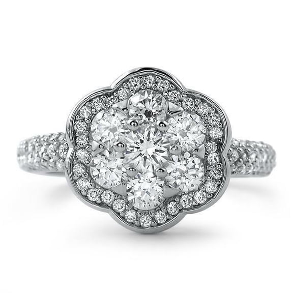 Women's Floral Halo Engagement Ring, Vintage Accents Wedding Ring, 2 Ct Round Brilliant Cut Simulated Diamond, 14K White Gold Plated, Pave Set Promise Proposal Ring For Her bithday Gift