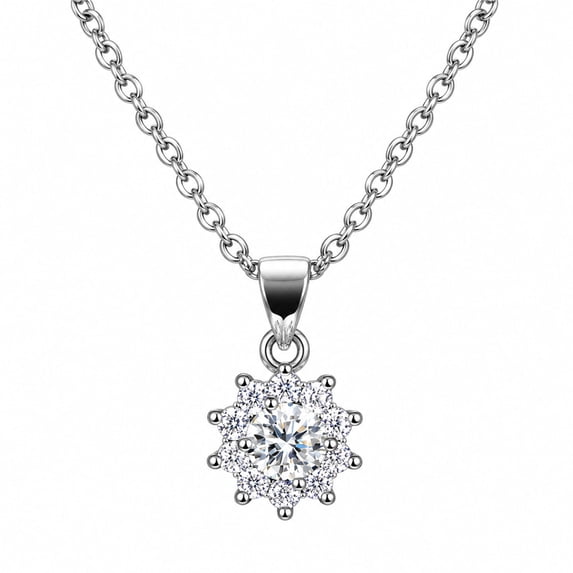 Women's Floral Halo Pendant Necklace, Silver-Tone Clear Round Stone Necklace, Sparkling Fashion Necklace for Women