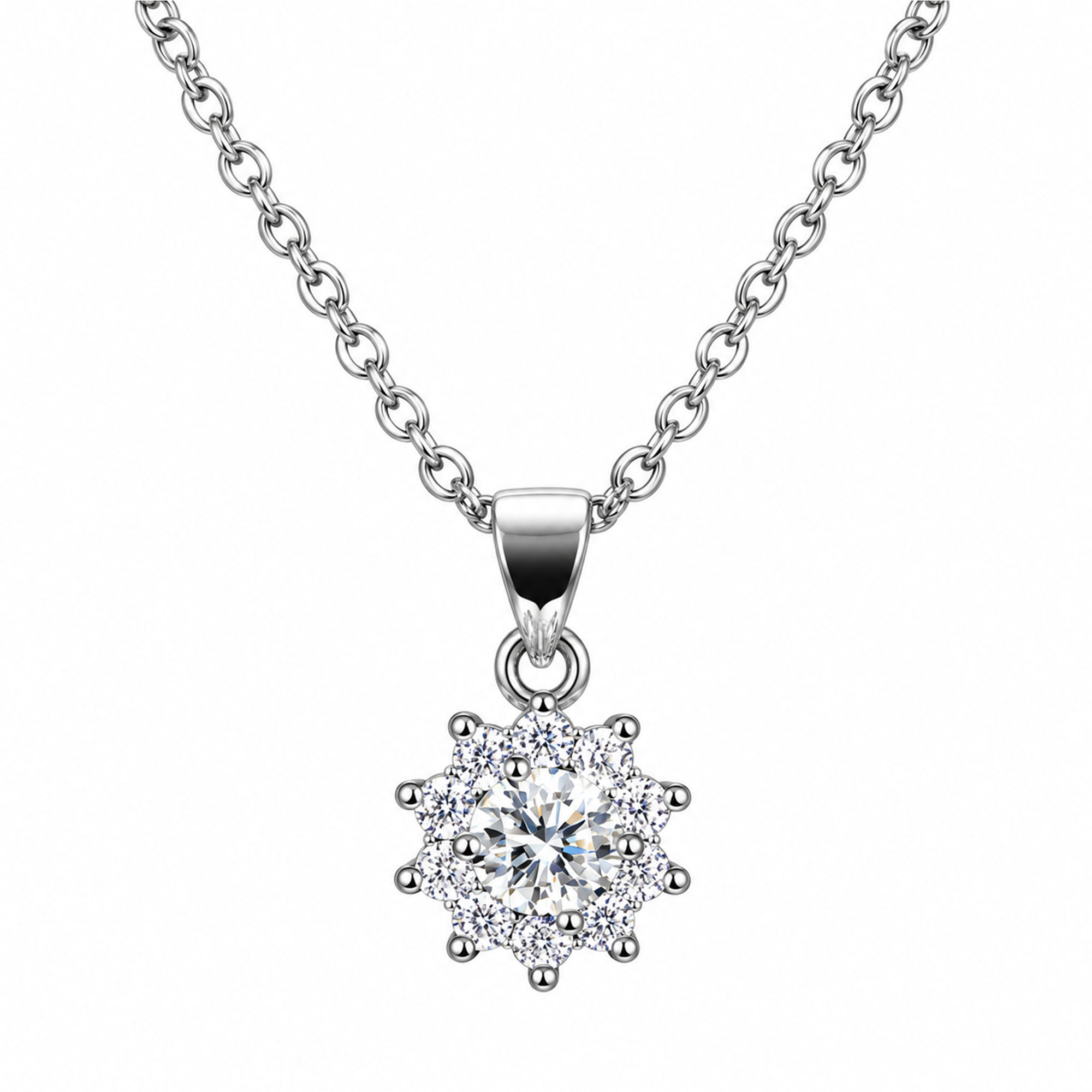 Women's Floral Halo Pendant Necklace, Silver-Tone Clear Round Stone Necklace, Sparkling Fashion Necklace for Women