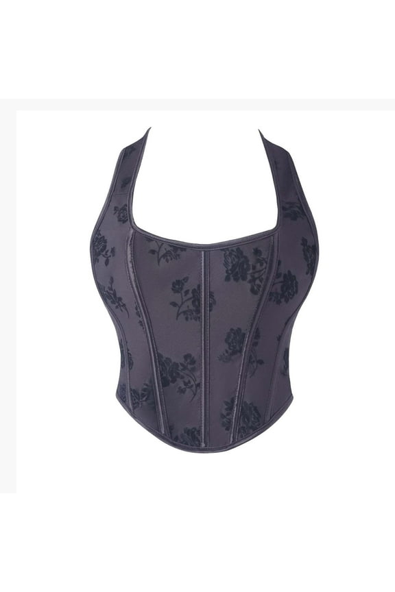 Women's Floral Halter Corset Vintage Lace Up Boned Bustier Bodyshaper Plus Size Tops Black 3XL