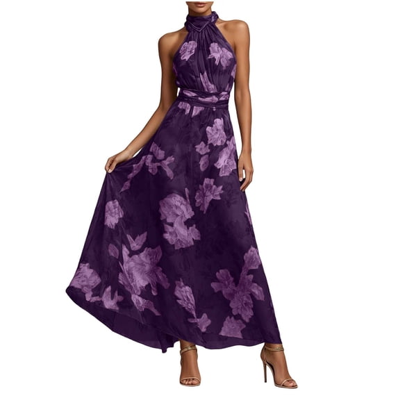 Women's Floral Halter Maxi Dress Fall Boho Print Wedding Guest Dress Flowy Chiffon Long Dress for Evening Party Vacation
