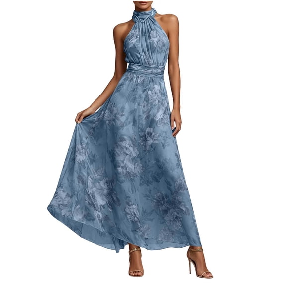 Women's Floral Halter Maxi Dress Fall Boho Print Wedding Guest Dress Flowy Chiffon Long Dress for Evening Party Vacation