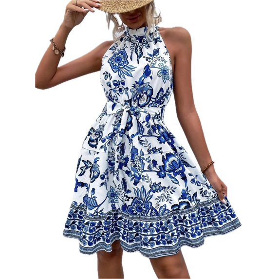 Women's Floral Halter Neck Summer Dress with Belt 100% Polyester Lightweight Breathable Easy Care for Warm Days