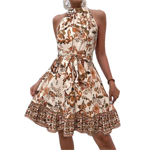 Women's Floral Halter Neck Summer Dress with Belt 100% Polyester Lightweight Breathable Easy Care for Warm Days