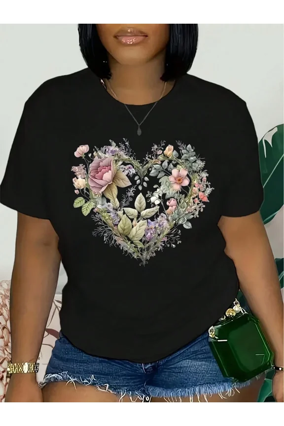 Women's Floral Heart Graphic T-Shirt - Romantic Rose Botanical Design - Casual Short Sleeve Black Cotton Tee - Aesthetic Retro Nature Inspired Top for Women