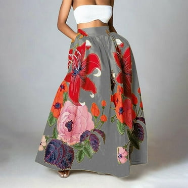 Women's Floral High Waist Maxi Skirt with Pockets Bohemian Style Summer Beach Long Skirt for Casual Wear
