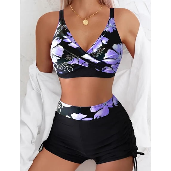IOAOAI Women's Floral High Waisted Bikini Set with Boyshort Bottom Two Piece Swimsuit