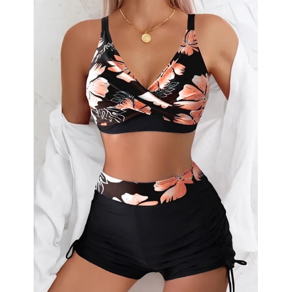 IOAOAI Women's Floral High Waisted Bikini Set with Boyshort Bottom Two Piece Swimsuit