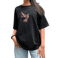 thumbnail image 1 of Women's Floral Hummingbird Graphic Cotton Washed T Shirt Casual Comfortable Black S-2XL Plus Size, 1 of 5