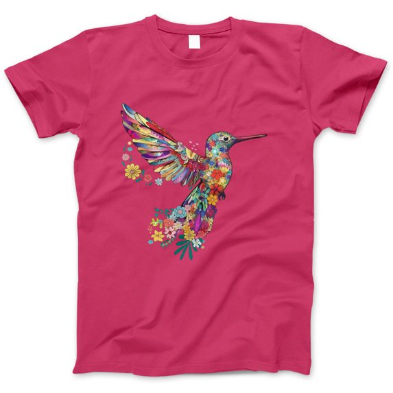 Women's Floral Hummingbird Graphic T-Shirt – Vibrant Flower Design Casual Tee, Cute Colorful Nature Art Top
