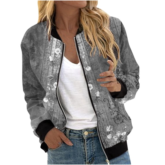 Women's Floral Jacket Lightweight Vintage Ribbed Accents Zipper Closure Casual Fall Coat