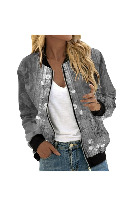 Women's Floral Jacket Lightweight Vintage Ribbed Accents Zipper Closure Casual Fall Coat