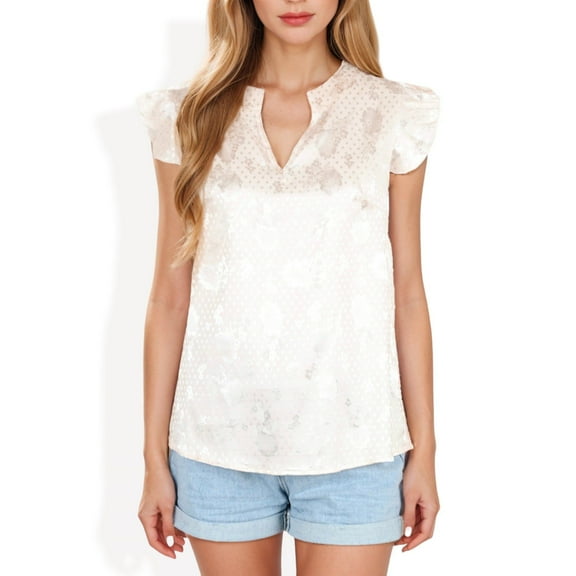 Women's Floral Jacquard Blouse with Ruffle Sleeves and V-Neckline- X Large, Beige