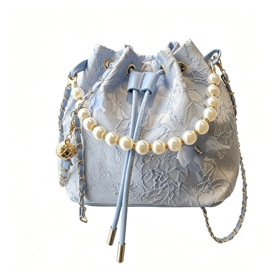 Women's Floral Jacquard Pearl Handle Drawstring Bucket Bag Chain Crossbody Purse Shoulder Handbag
