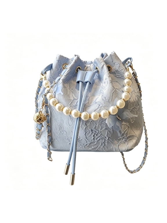 Women's Floral Jacquard Pearl Handle Drawstring Bucket Bag Chain Crossbody Purse Shoulder Handbag