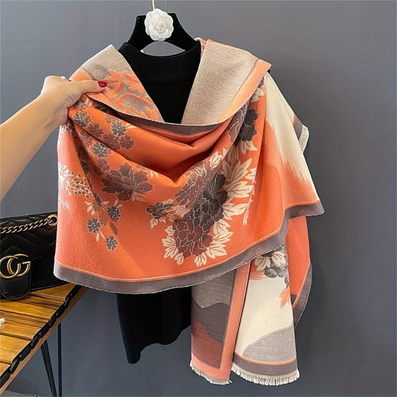 Women's Floral Jacquard Scarf, Lightweight Faux Wool Shawl for Autumn & Winter Wear