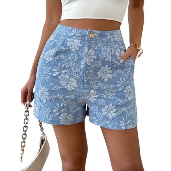 Women's Floral Jacquard Shorts High Waisted Wide Leg Casual Pants Summer Fashion Jeans with Pockets