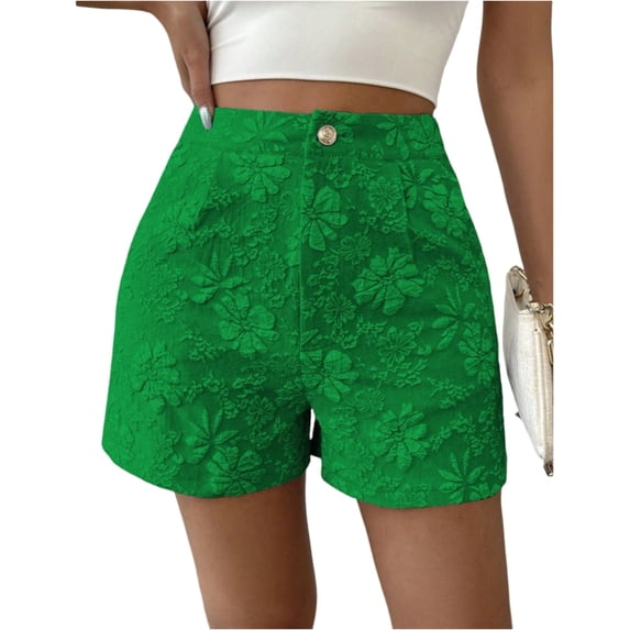 Summer Floral Jacquard Shorts for Women High Waisted Wide Leg Pants Casual Fashion Jeans with Pockets