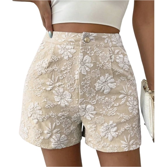 Women's Floral Jacquard Shorts High Waisted Wide Leg Casual Pants Summer Fashion Jeans with Pockets