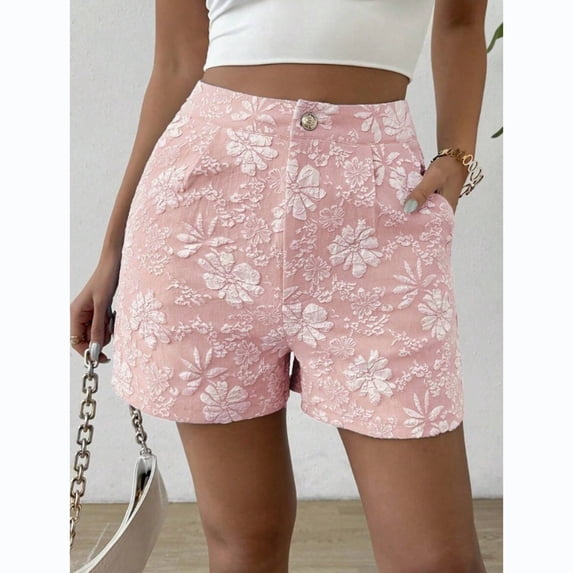 Women's Floral Jacquard Shorts Summer High Waisted Wide Leg Trouser Casual Pants with Pockets
