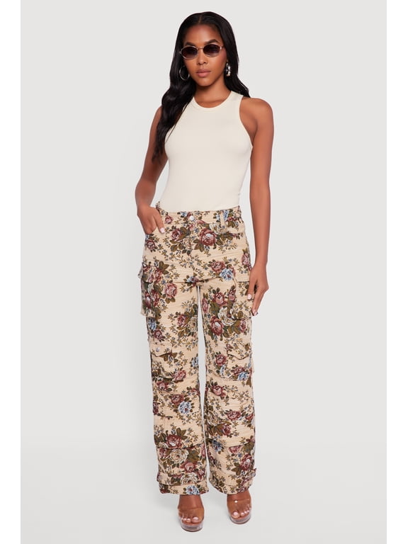 Women's Floral Jacquard Straight Leg Cargo Pants