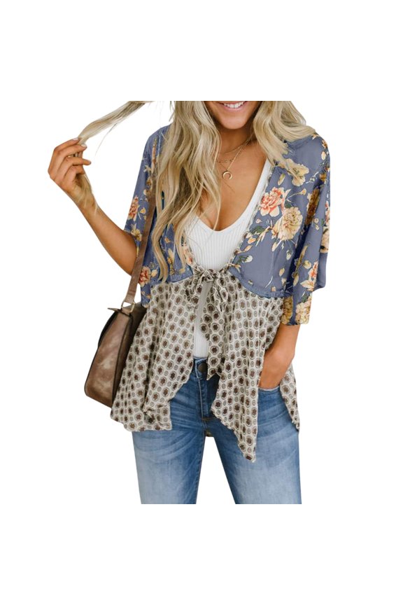 Women's Floral Kimono Ruffled Sleeve tie Cardigan Floral Lightweight Ruffle 3/4 Sleeve Boho Flowy Beach Cover Ups